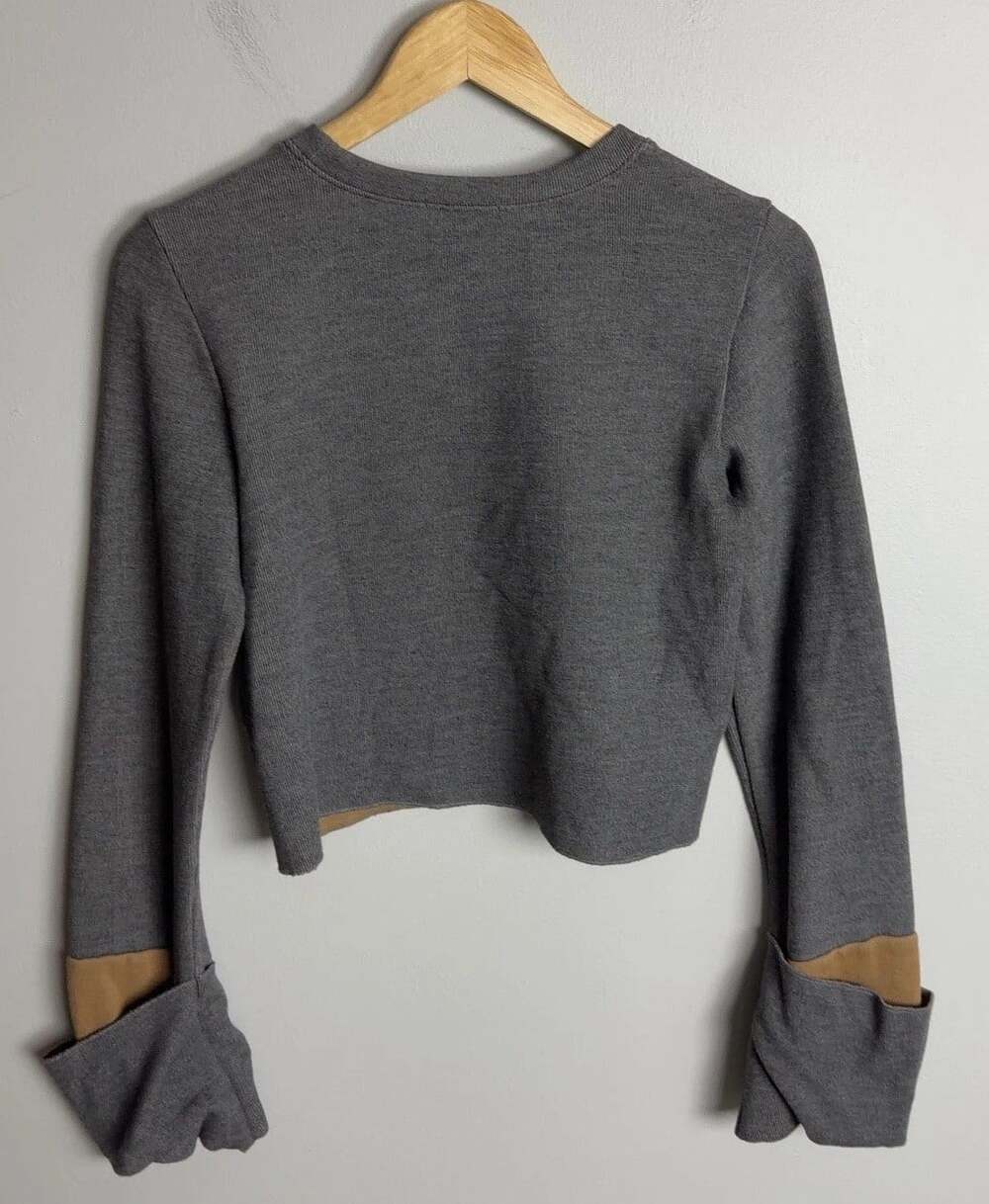 Zara Grey Cropped Long Sleeve Top Tan Contrast Rolled Cuff Size Small Women’s - Picture 2 of 6